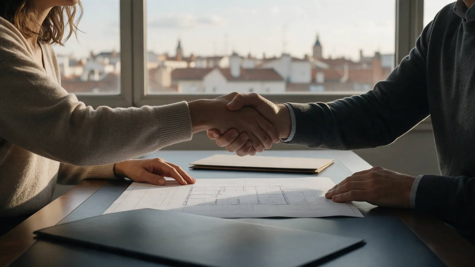 Apretón de manos entre dos personas sobre una mesa de oficina con un plano y una carpeta, skyline de Madrid de fondo