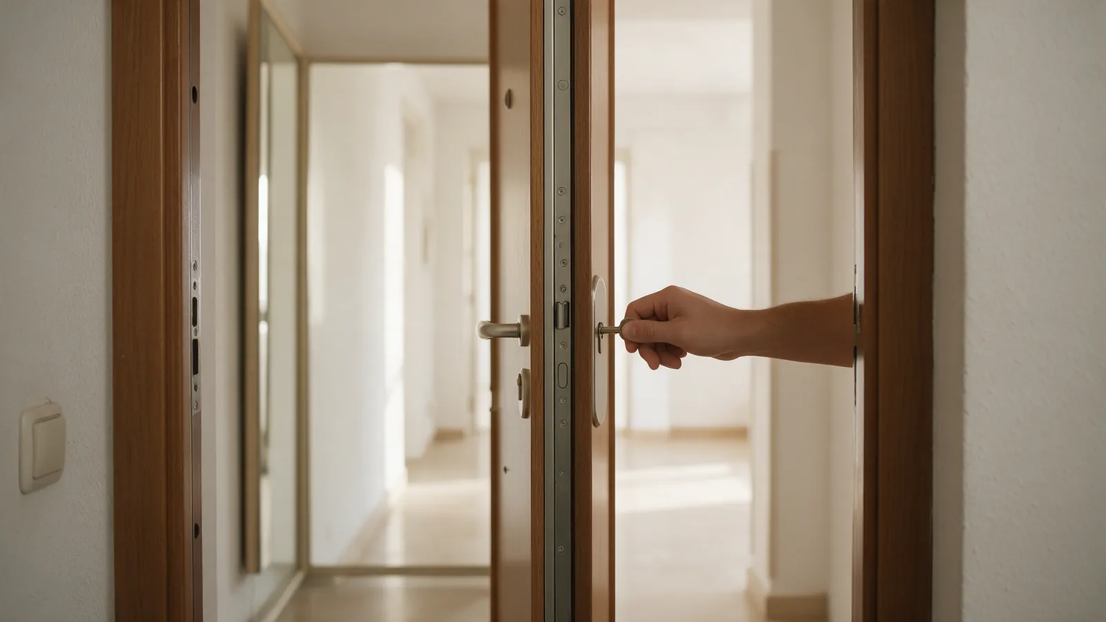 Puerta de entrada con cerradura nueva y una mano insertando una llave en un piso vacío y luminoso de Madrid