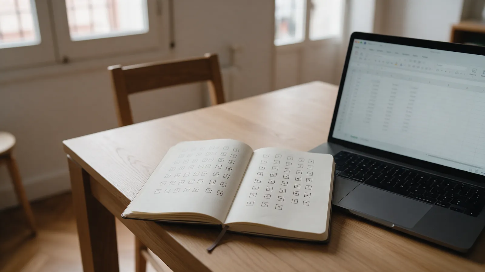 Cuaderno con columnas de cifras escritas a mano junto a un portátil con una hoja de cálculo, sobre una mesa de comedor