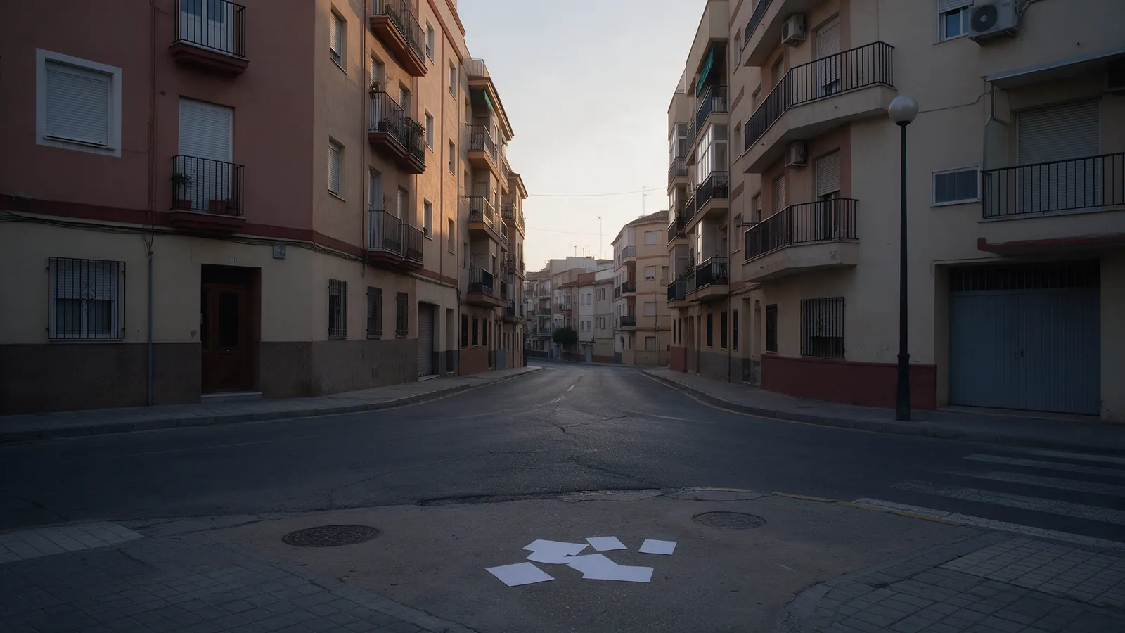 Bifurcación en una calle residencial de una ciudad española al amanecer, sin gente, luz cálida y baja
