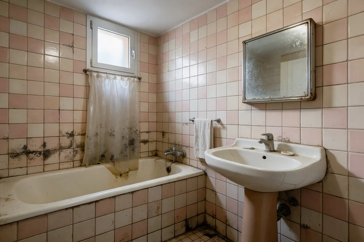 El mismo baño antes de la reforma, con bañera antigua y azulejos deteriorados