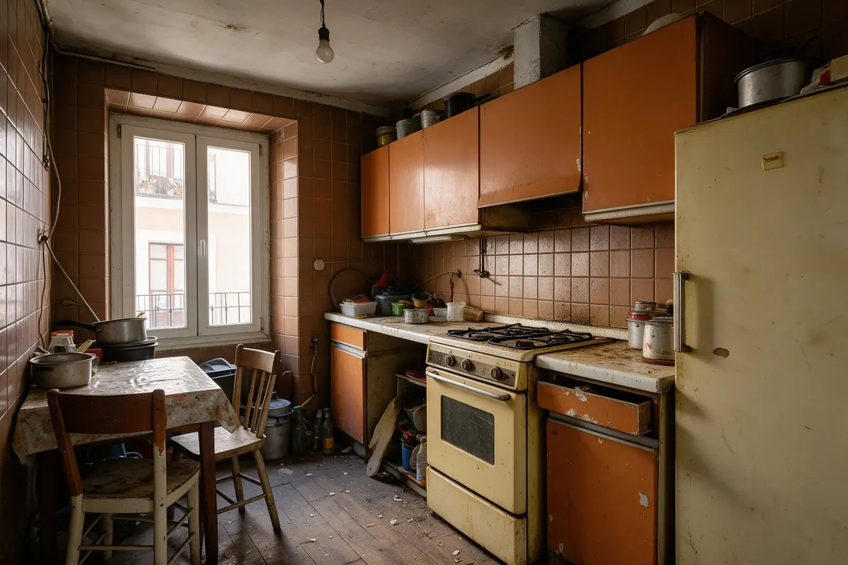 La misma cocina antes de la reforma, con muebles y azulejos antiguos