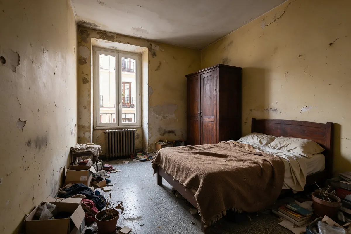 La misma habitación antes de la reforma, con paredes deterioradas y muebles antiguos