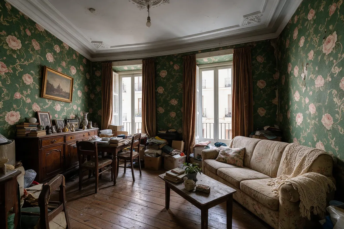 El mismo salón antes de la reforma, con papel pintado antiguo y muebles viejos