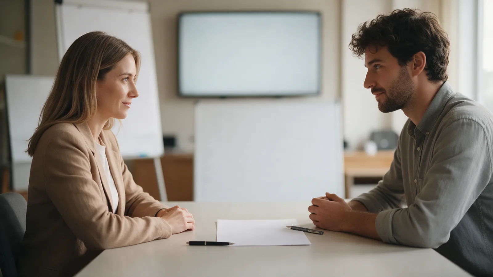 Dos bolígrafos sobre un contrato en blanco encima de una mesa, entre dos personas sentadas, luz de día y foco suave