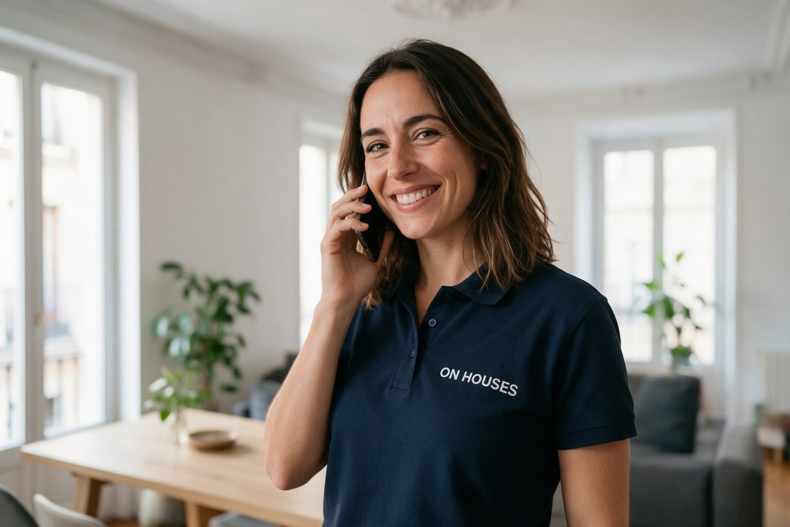 Asesora de On Houses hablando por teléfono con un propietario sobre su hipoteca