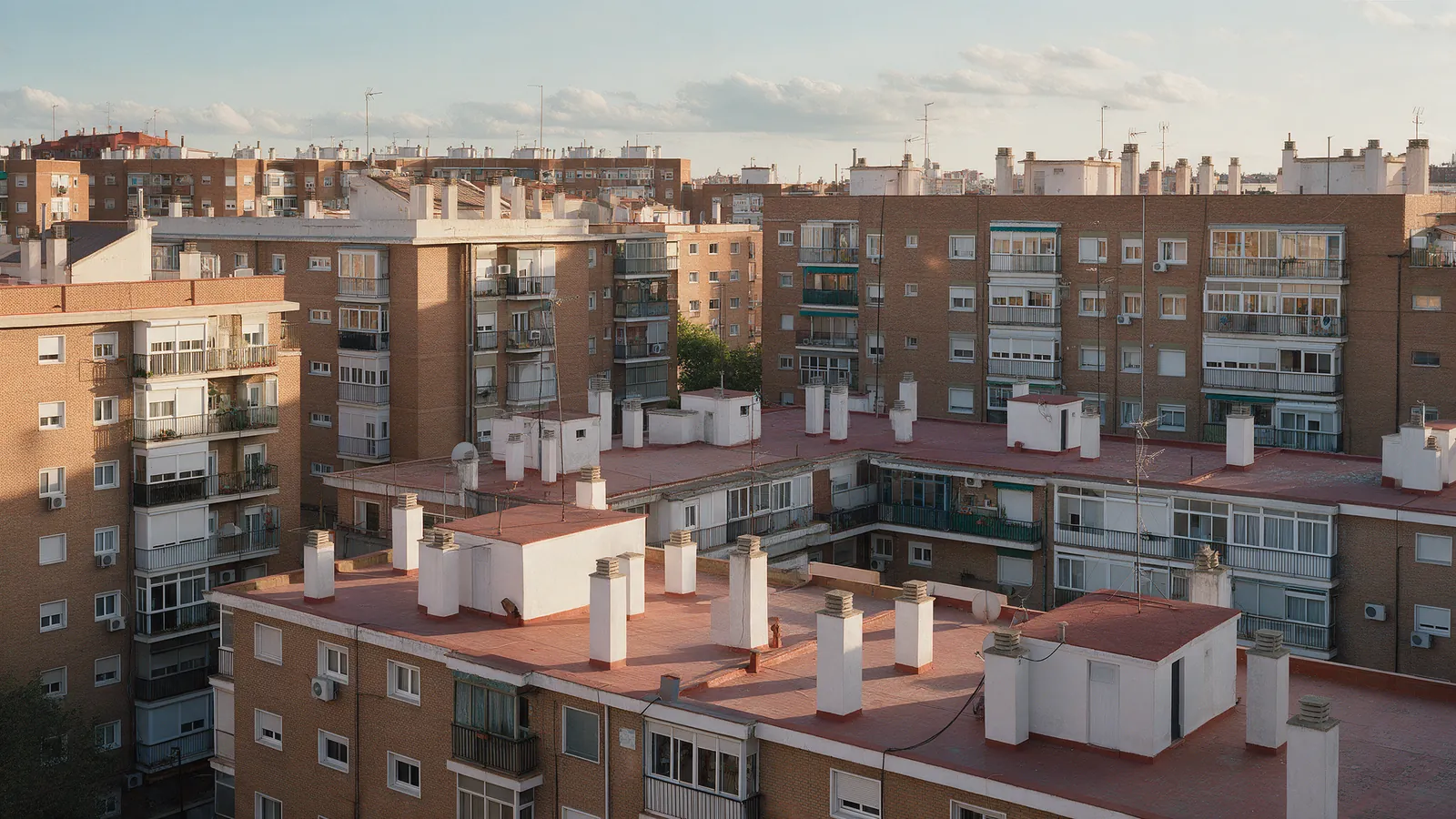 Vista elevada de bloques de ladrillo de los años sesenta en un barrio de Madrid al atardecer
