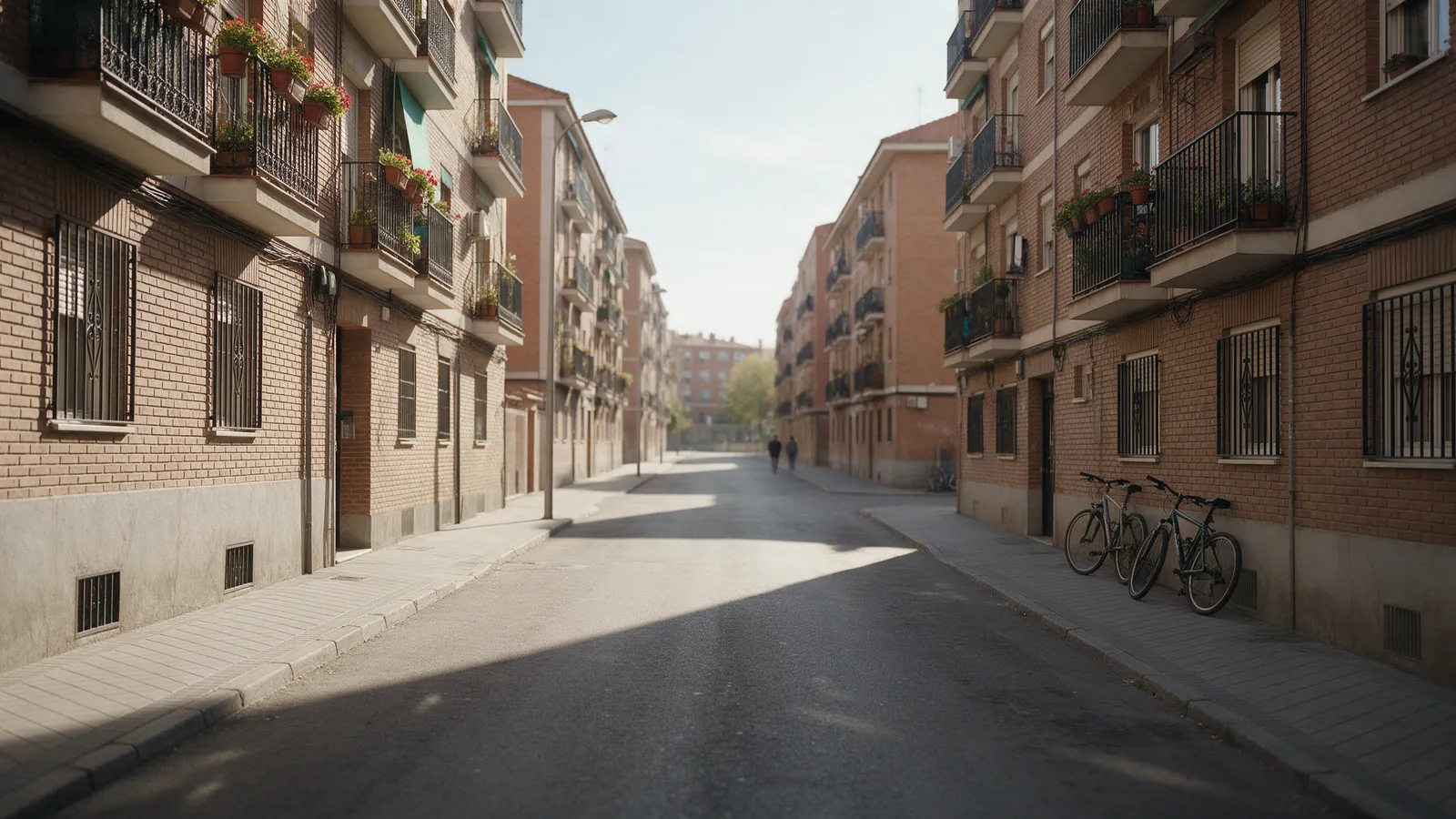Foto de una avenida residencial en Carabanchel con bloques de ladrillo, balcones y una boca de metro en una tarde despejada