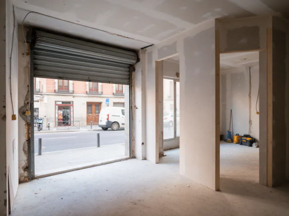 Local comercial de Madrid a medio convertir en vivienda, persiana entreabierta, suelo de hormigón y tabiques nuevos sin pintar