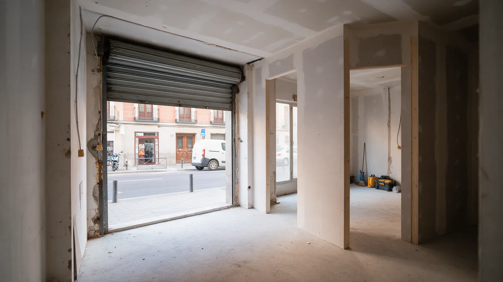 Local comercial de Madrid a medio convertir en vivienda, persiana entreabierta, suelo de hormigón y tabiques nuevos sin pintar