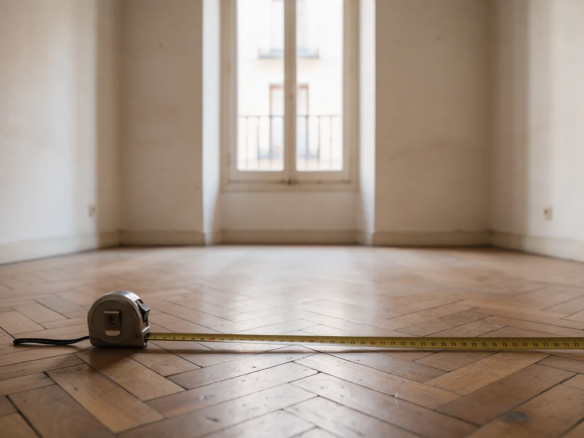 Cinta métrica extendida sobre el suelo de un dormitorio vacío con ventana y parqué
