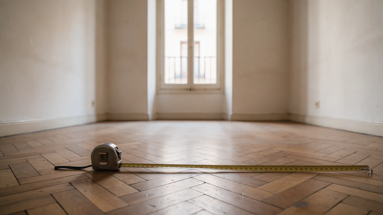 Cinta métrica extendida sobre el suelo de un dormitorio vacío con ventana y parqué