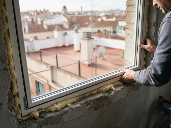 Ventana nueva de doble cristal instalándose en un hueco antiguo con espuma aislante visible y tejados de Madrid al fondo