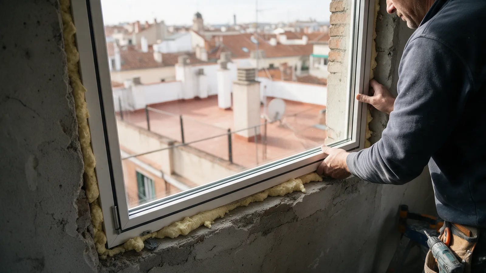 Ventana nueva de doble cristal instalándose en un hueco antiguo con espuma aislante visible y tejados de Madrid al fondo