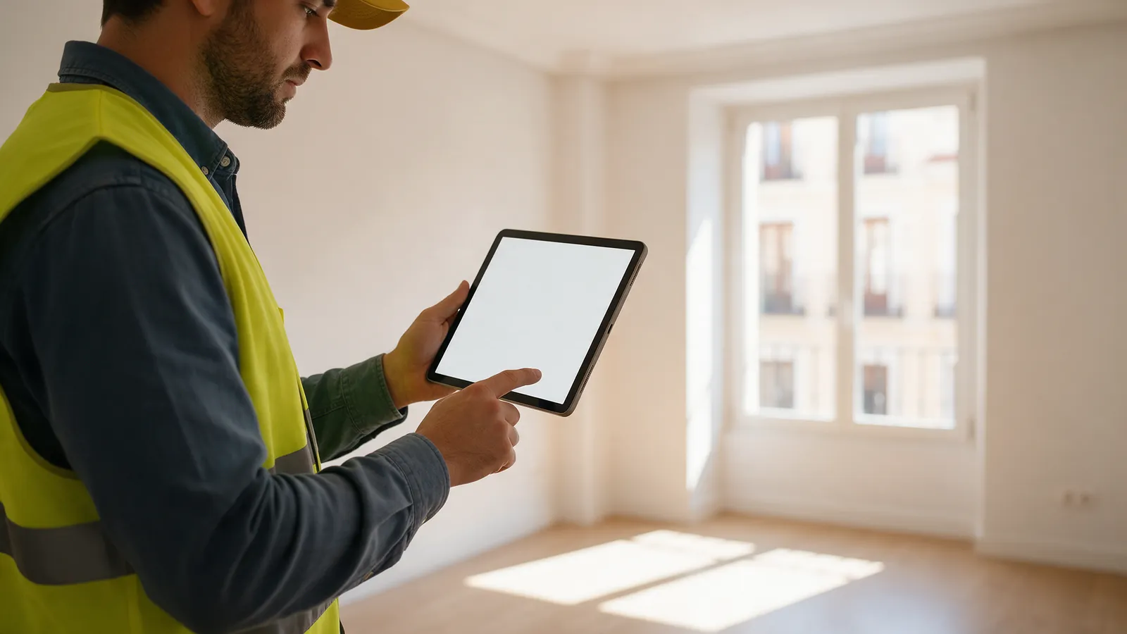 Técnico con una tablet midiendo una habitación luminosa y vacía junto a una ventana
