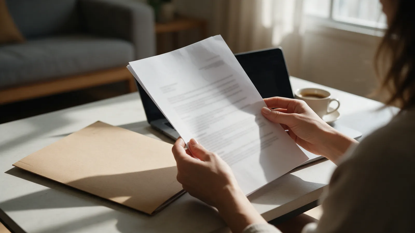 Manos de una mujer leyendo un documento junto a una carpeta y un portátil en el salón