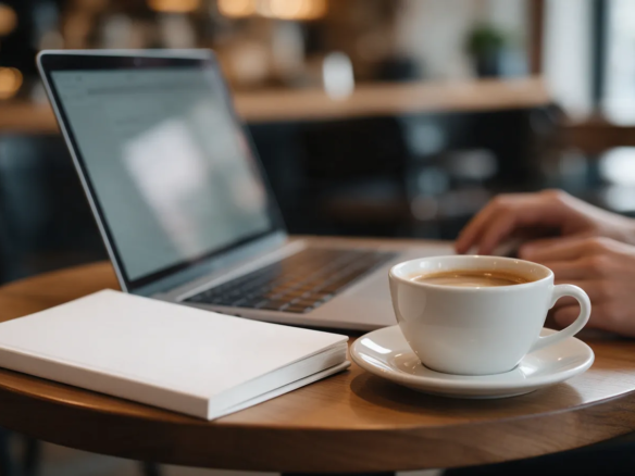 Portátil con la pantalla desenfocada sobre una mesa de cafetería junto a una libreta y un café, manos de una persona fuera de foco