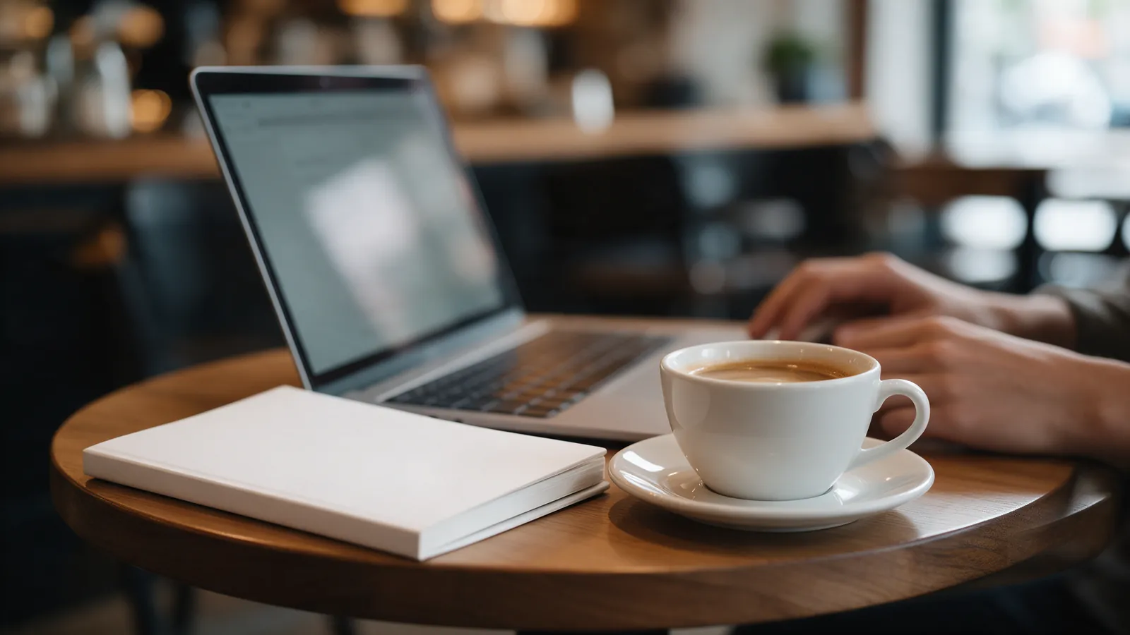 Portátil con la pantalla desenfocada sobre una mesa de cafetería junto a una libreta y un café, manos de una persona fuera de foco
