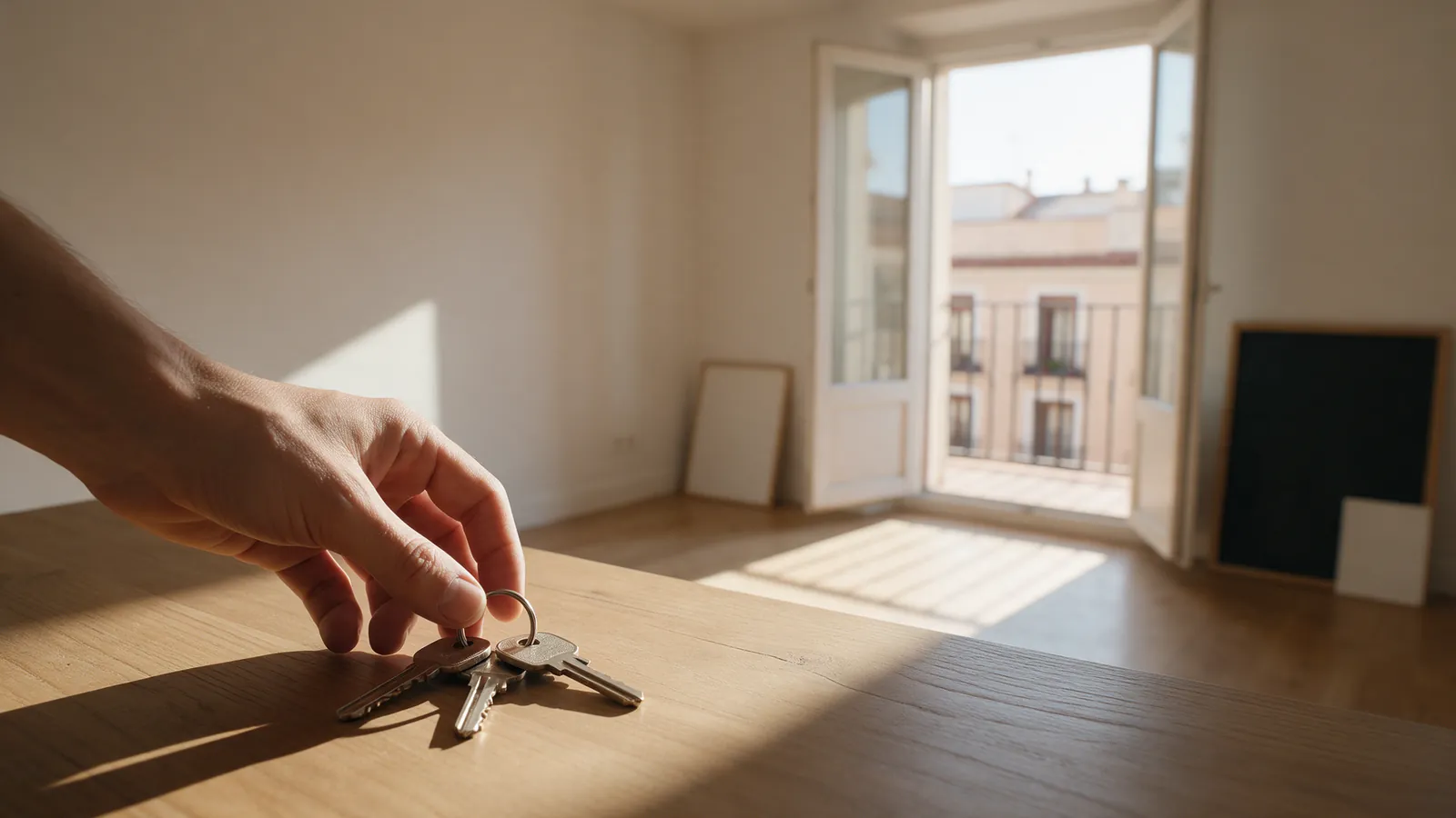 Mano dejando un juego de llaves sobre una mesa en un piso vacío y soleado de Madrid con la puerta del balcón abierta