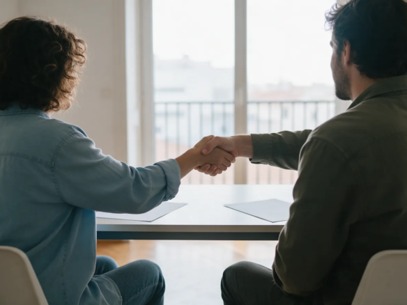 Dos personas de espaldas dándose la mano sobre una mesa vacía en un piso luminoso con balcón