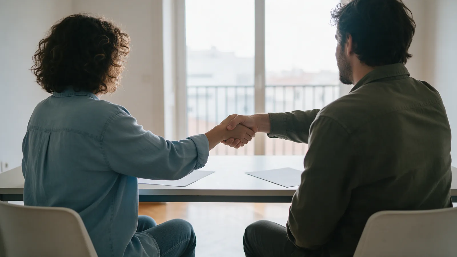 Dos personas de espaldas dándose la mano sobre una mesa vacía en un piso luminoso con balcón