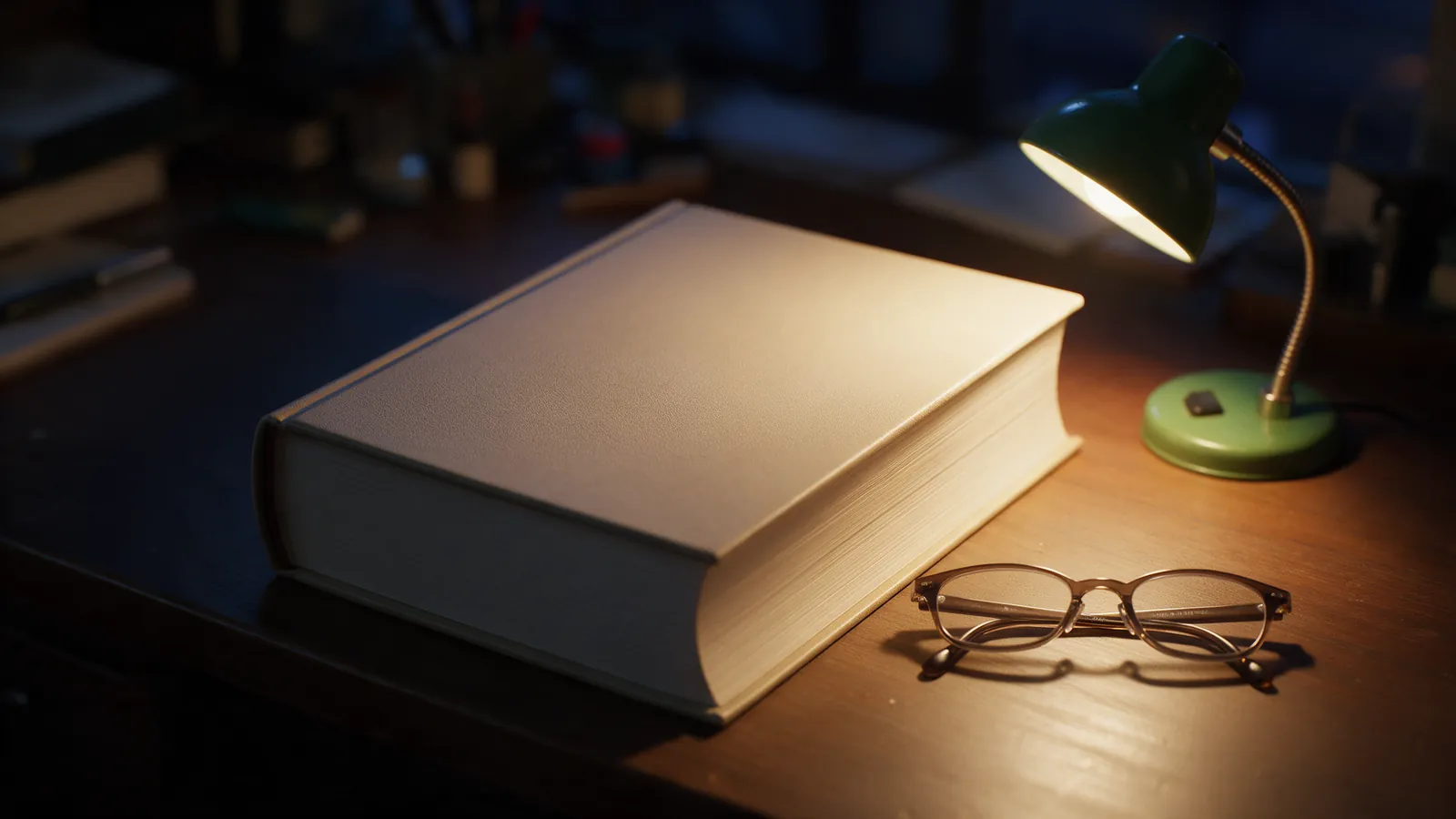 Código legal cerrado y gafas de lectura sobre un escritorio junto a una lámpara verde