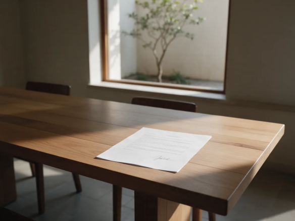 Mesa de comedor larga con un contrato en un extremo y una ventana con un árbol de varios años visible al fondo