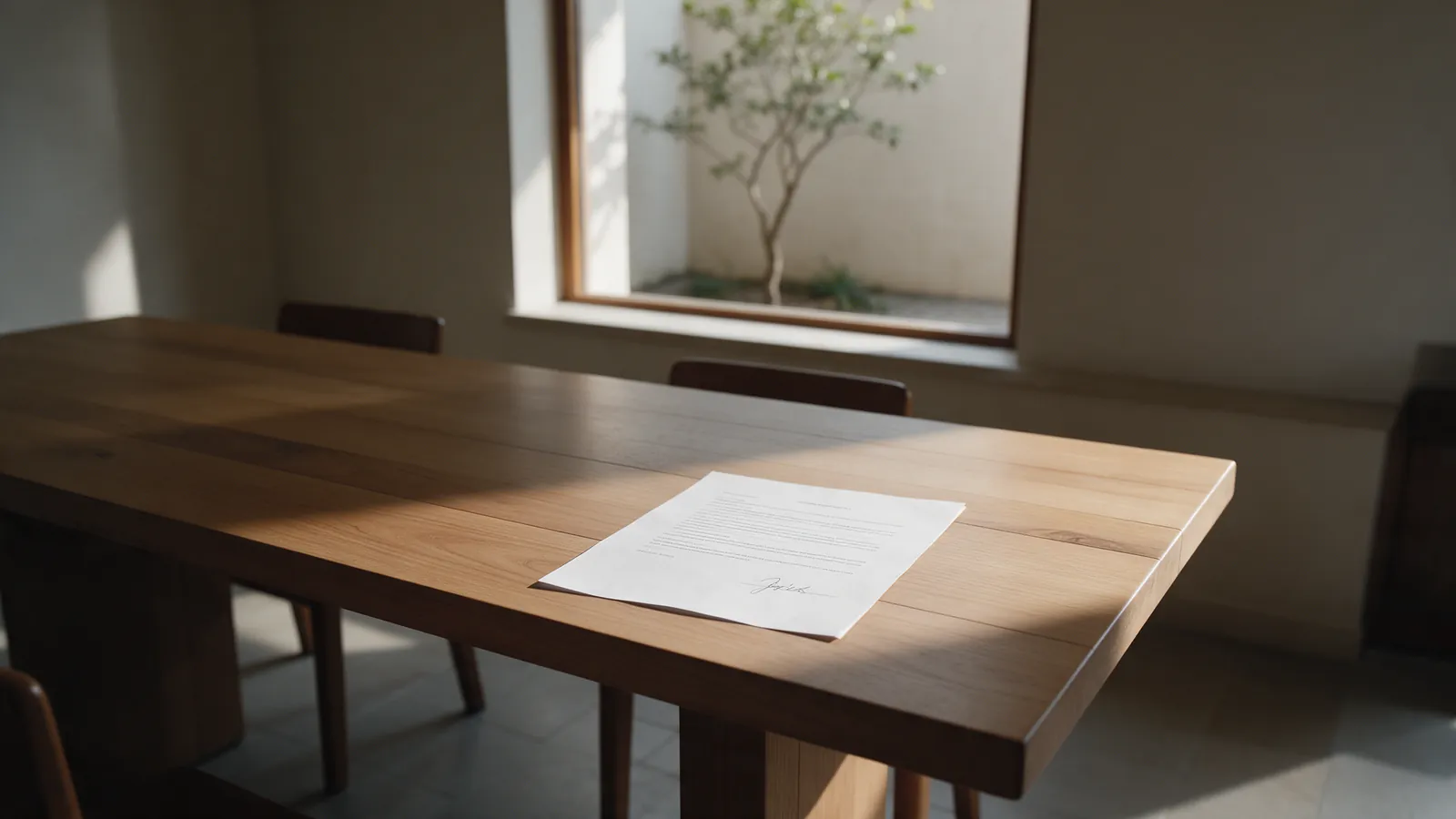 Mesa de comedor larga con un contrato en un extremo y una ventana con un árbol de varios años visible al fondo