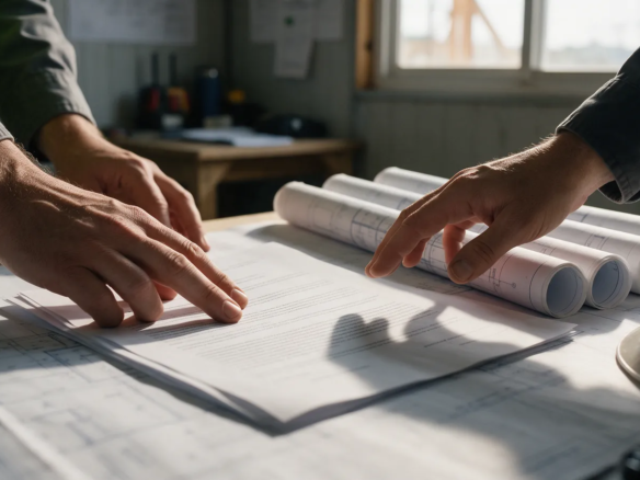 Manos firmando un contrato junto a planos de obra enrollados sobre una mesa de trabajo