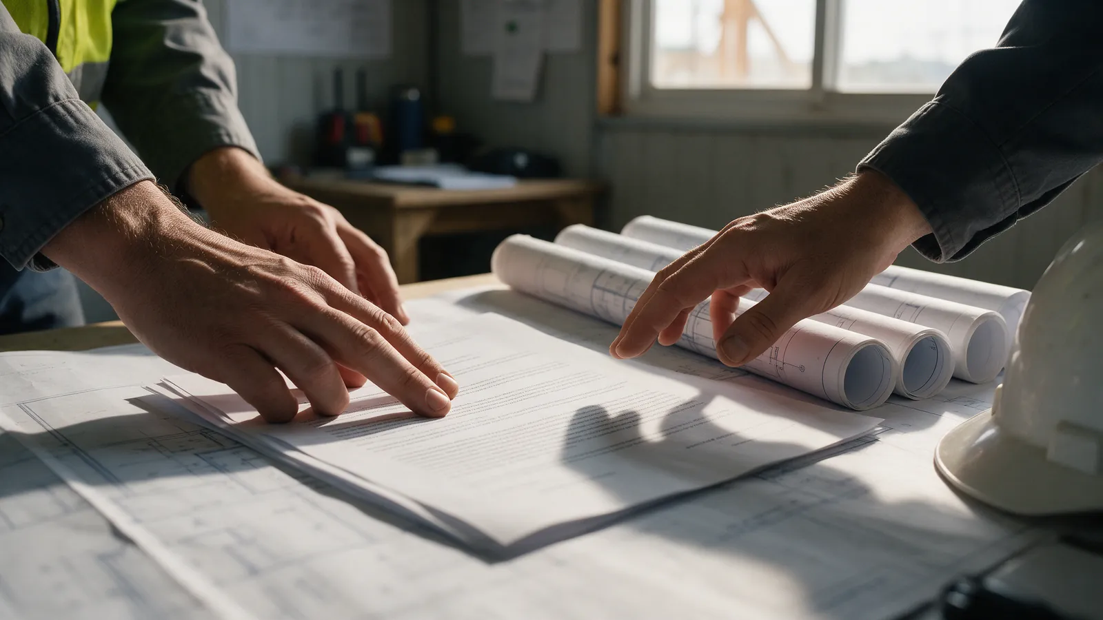 Manos firmando un contrato junto a planos de obra enrollados sobre una mesa de trabajo