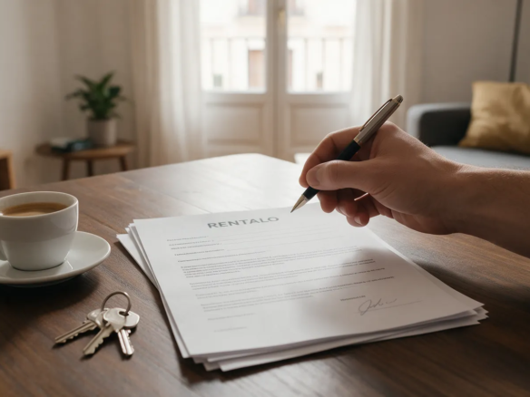 Primer plano de una mano firmando un contrato de alquiler junto a unas llaves