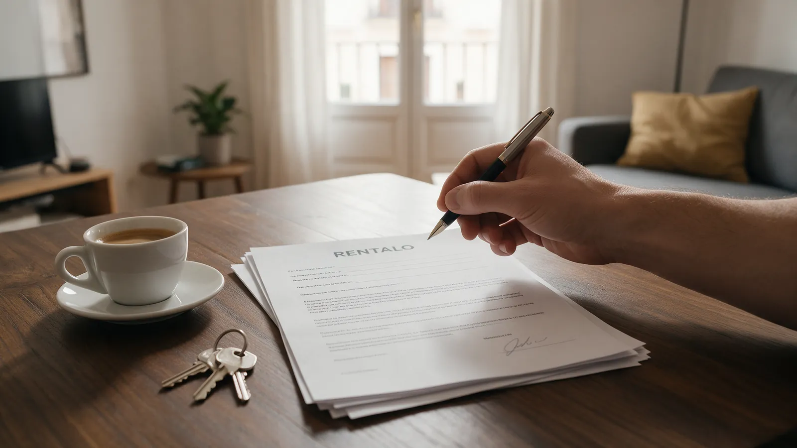 Primer plano de una mano firmando un contrato de alquiler junto a unas llaves