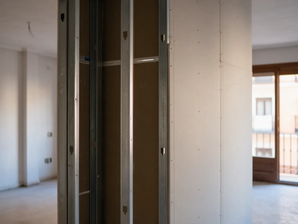 Tabique de pladur recién levantado dividiendo un salón grande en un piso de Madrid, con luz entrando solo por un lado