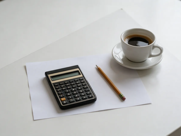 Calculadora de bolsillo y un lápiz sobre una mesa blanca junto a una taza de café