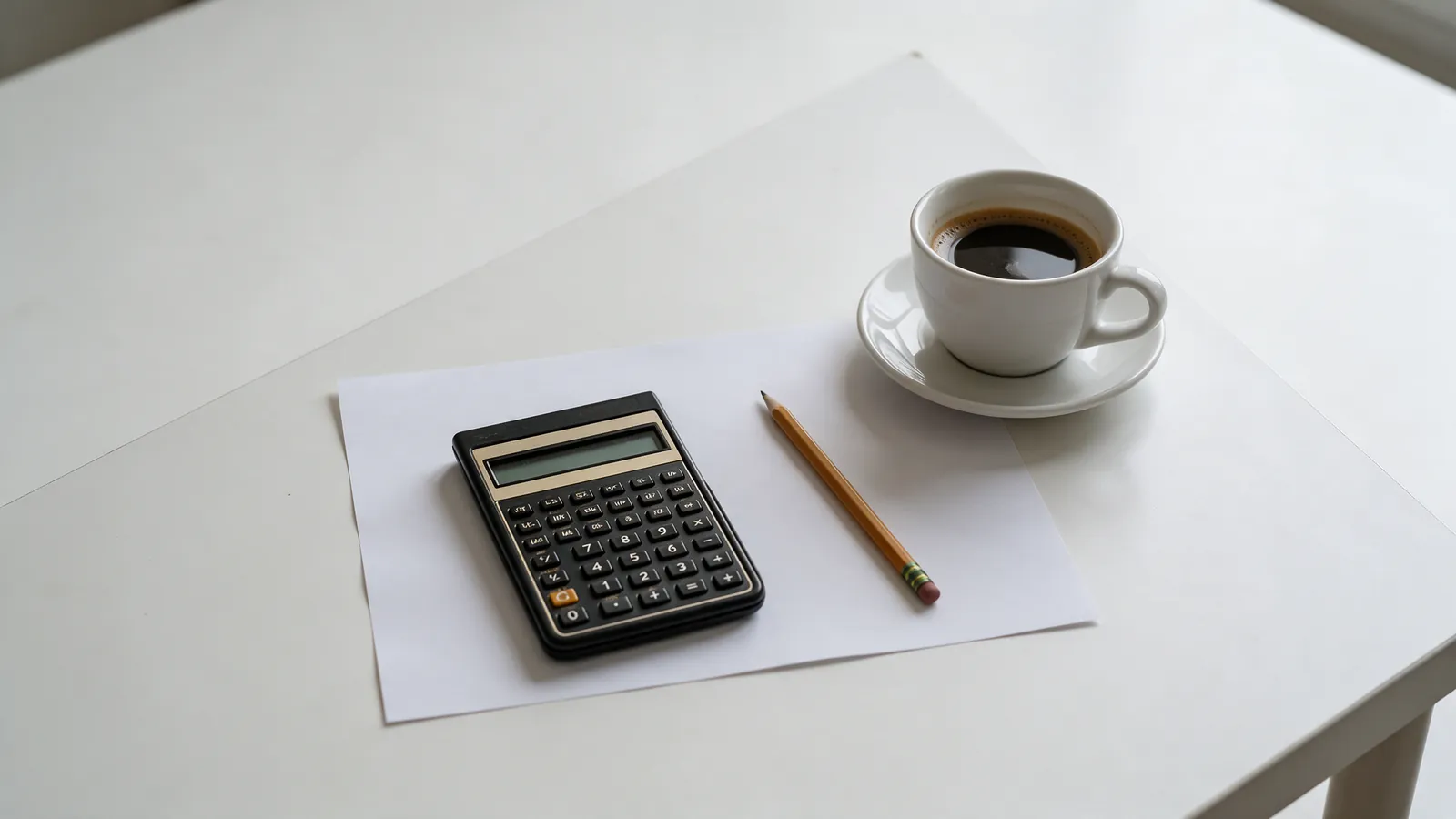 Calculadora de bolsillo y un lápiz sobre una mesa blanca junto a una taza de café