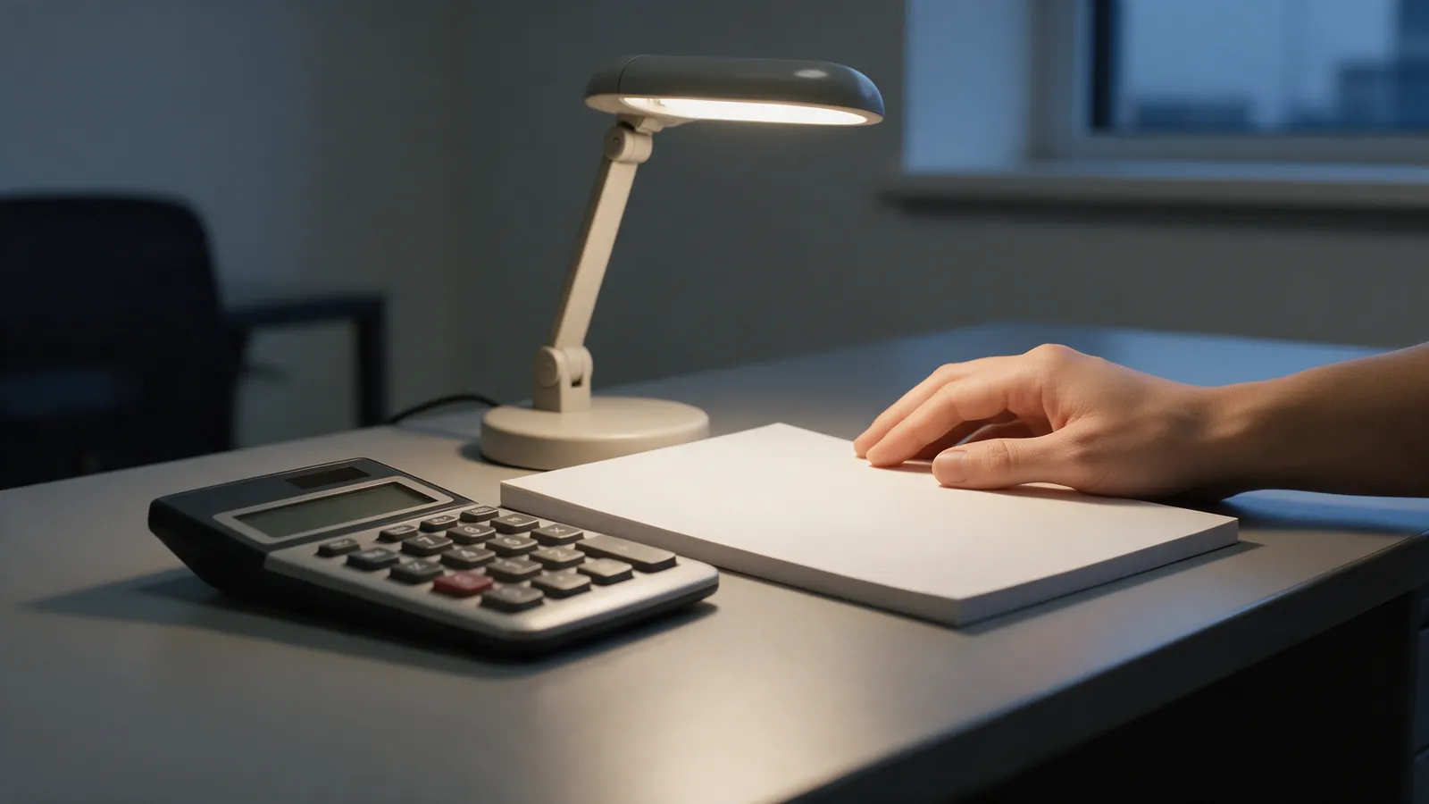 Calculadora de mesa y una libreta en blanco sobre un escritorio gris bajo la luz de una lámpara