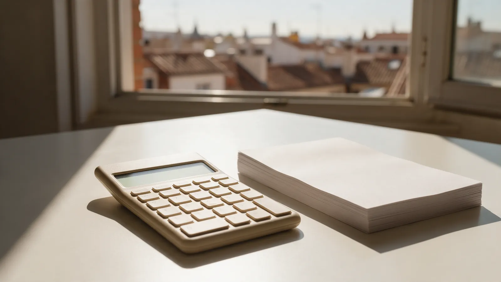 Calculadora y bloc de facturas en un escritorio luminoso con tejados de Madrid al fondo