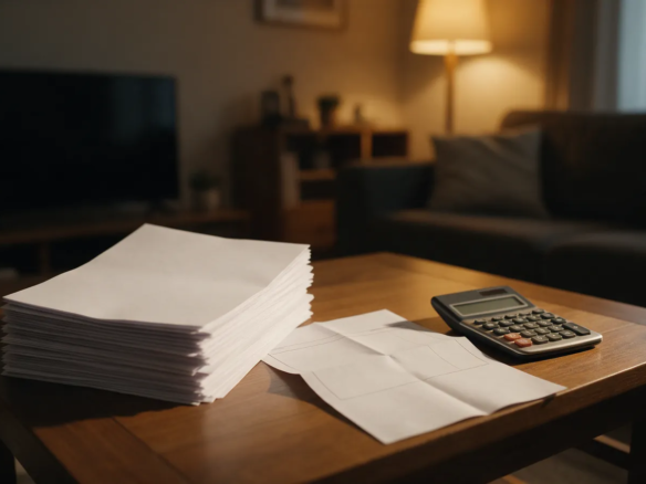 Pila de facturas de suministros impagadas y un extracto bancario junto a una calculadora en un salón español con luz tenue