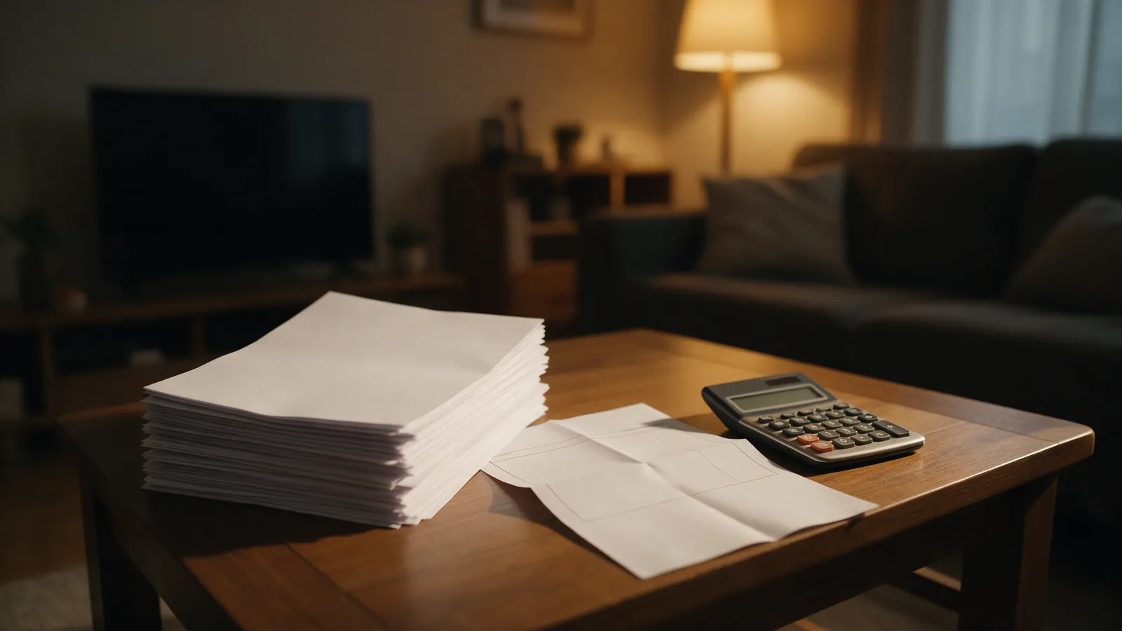 Pila de facturas de suministros impagadas y un extracto bancario junto a una calculadora en un salón español con luz tenue