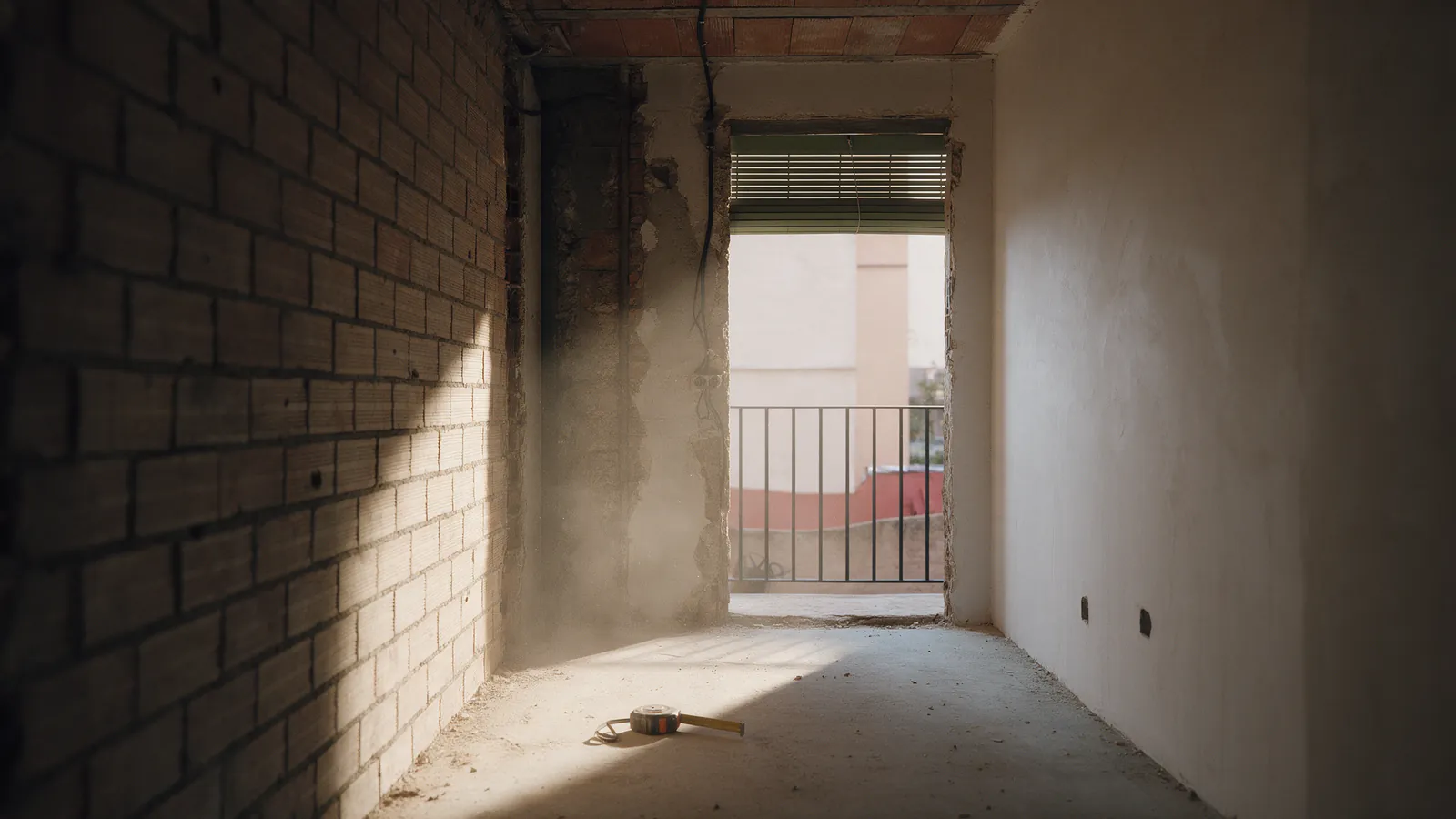 Piso de los setenta a medio reformar, pared de ladrillo visto junto a pared recién enlucida