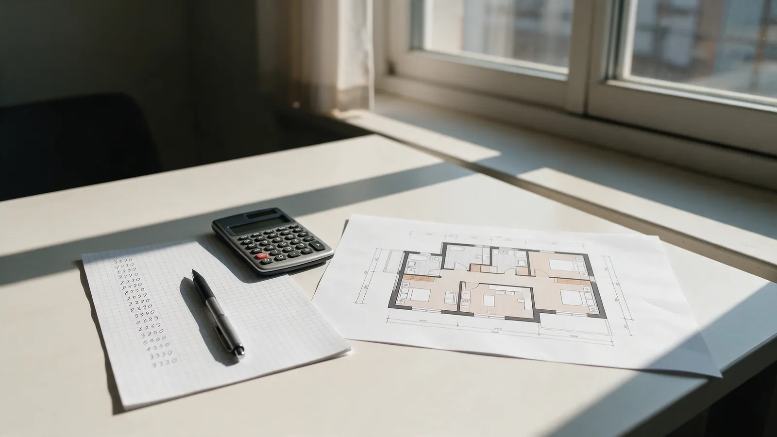 Calculadora, bolígrafo y columna de cifras manuscritas junto al plano de un piso de tres habitaciones