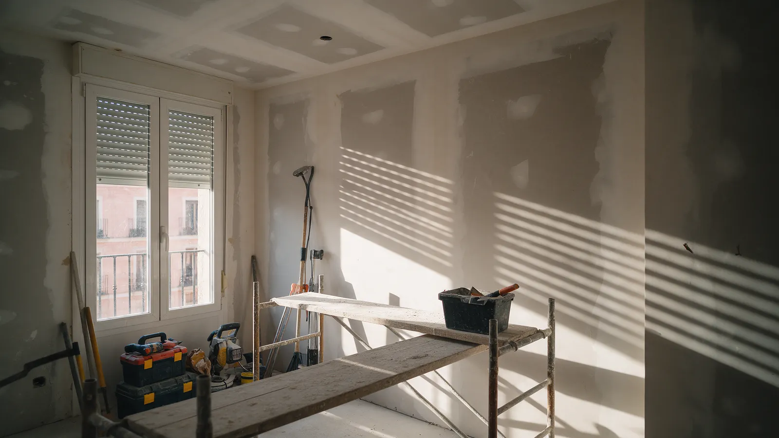 Piso de Madrid en obras con andamios, herramientas ordenadas y luz de persiana proyectando sombras sobre yeso fresco