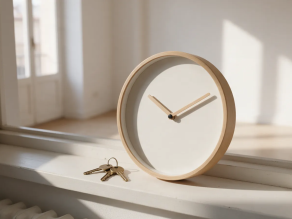 Reloj de pared y llaves sobre el alféizar de un piso vacío y luminoso en Madrid