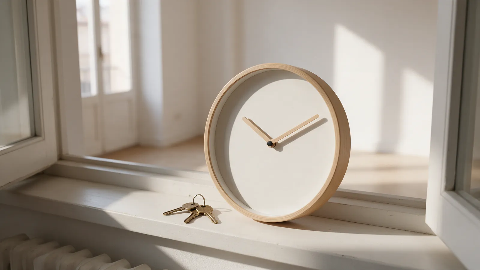Reloj de pared y llaves sobre el alféizar de un piso vacío y luminoso en Madrid
