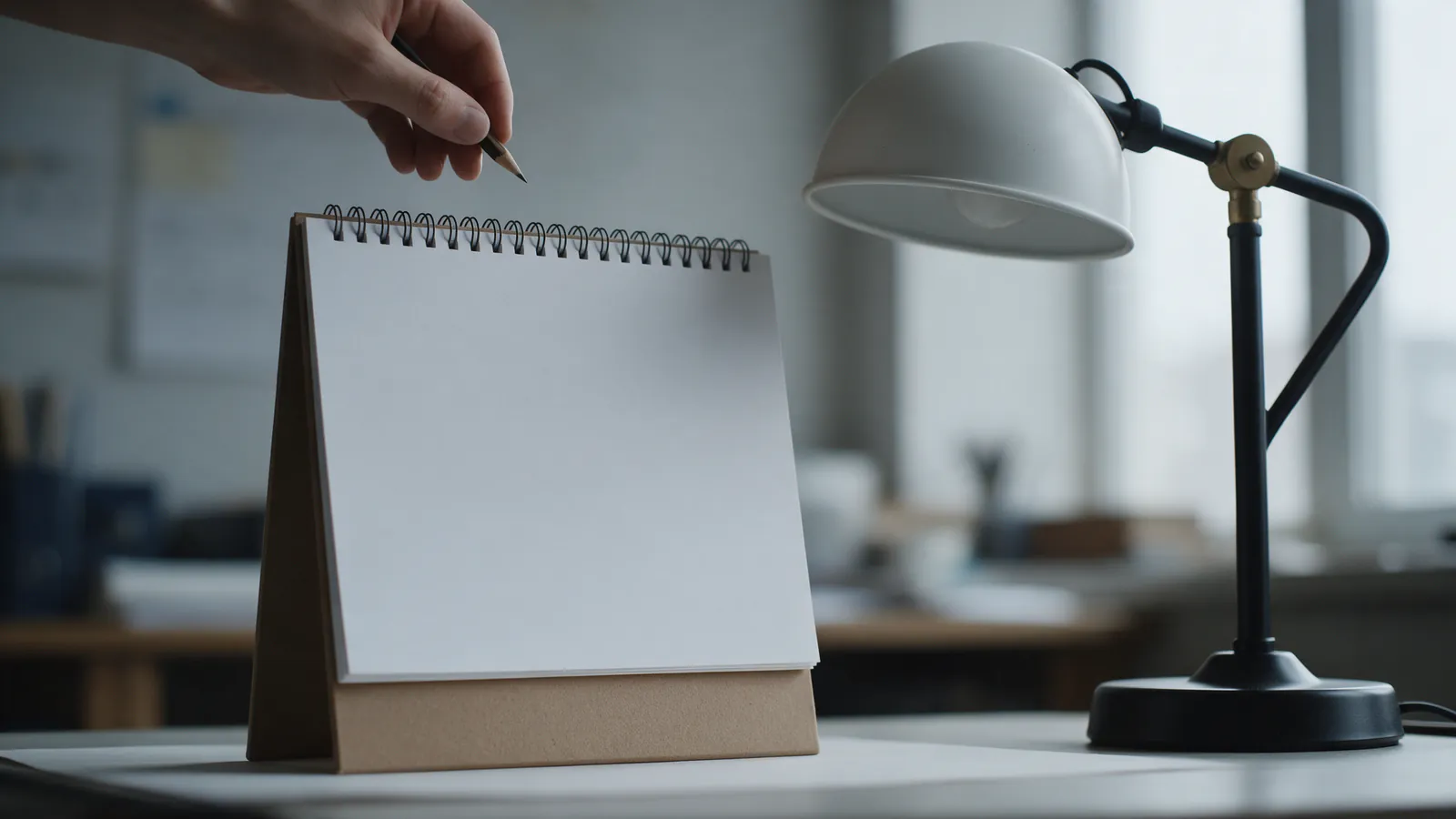 Mano sosteniendo un lápiz sobre un calendario de pared en blanco, luz de mañana nublada