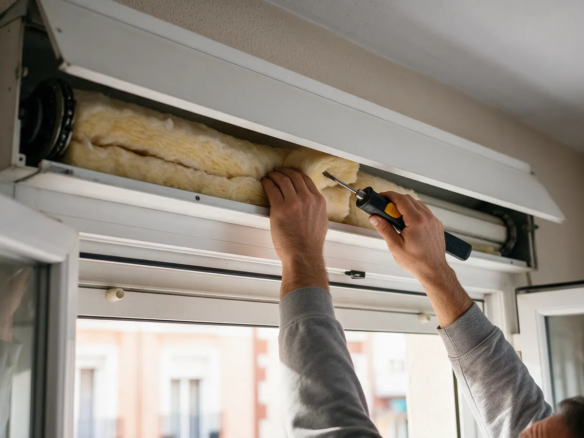 Instalador colocando aislante térmico en el cajón de una persiana junto a una ventana