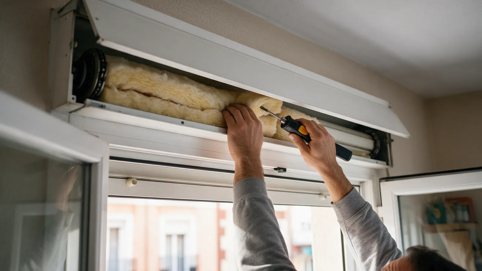Instalador colocando aislante térmico en el cajón de una persiana junto a una ventana