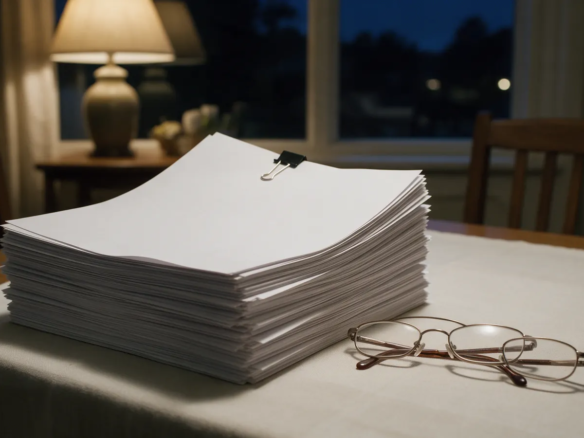 Pila de folios en blanco sujeta con un clip sobre una mesa, con gafas de lectura al lado