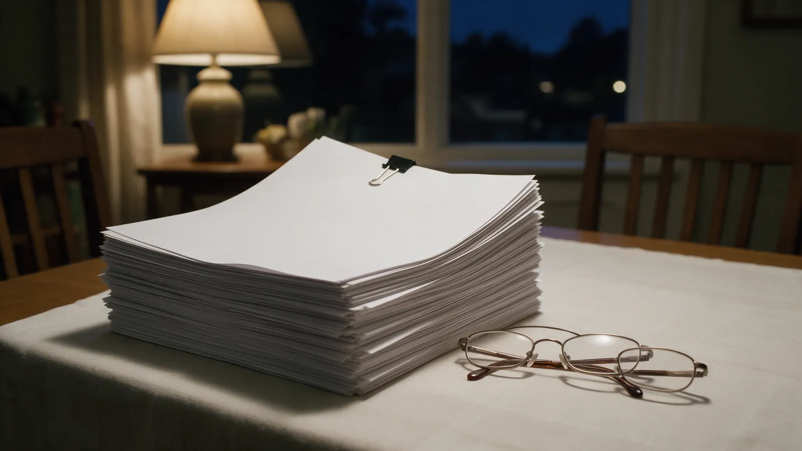 Pila de folios en blanco sujeta con un clip sobre una mesa, con gafas de lectura al lado