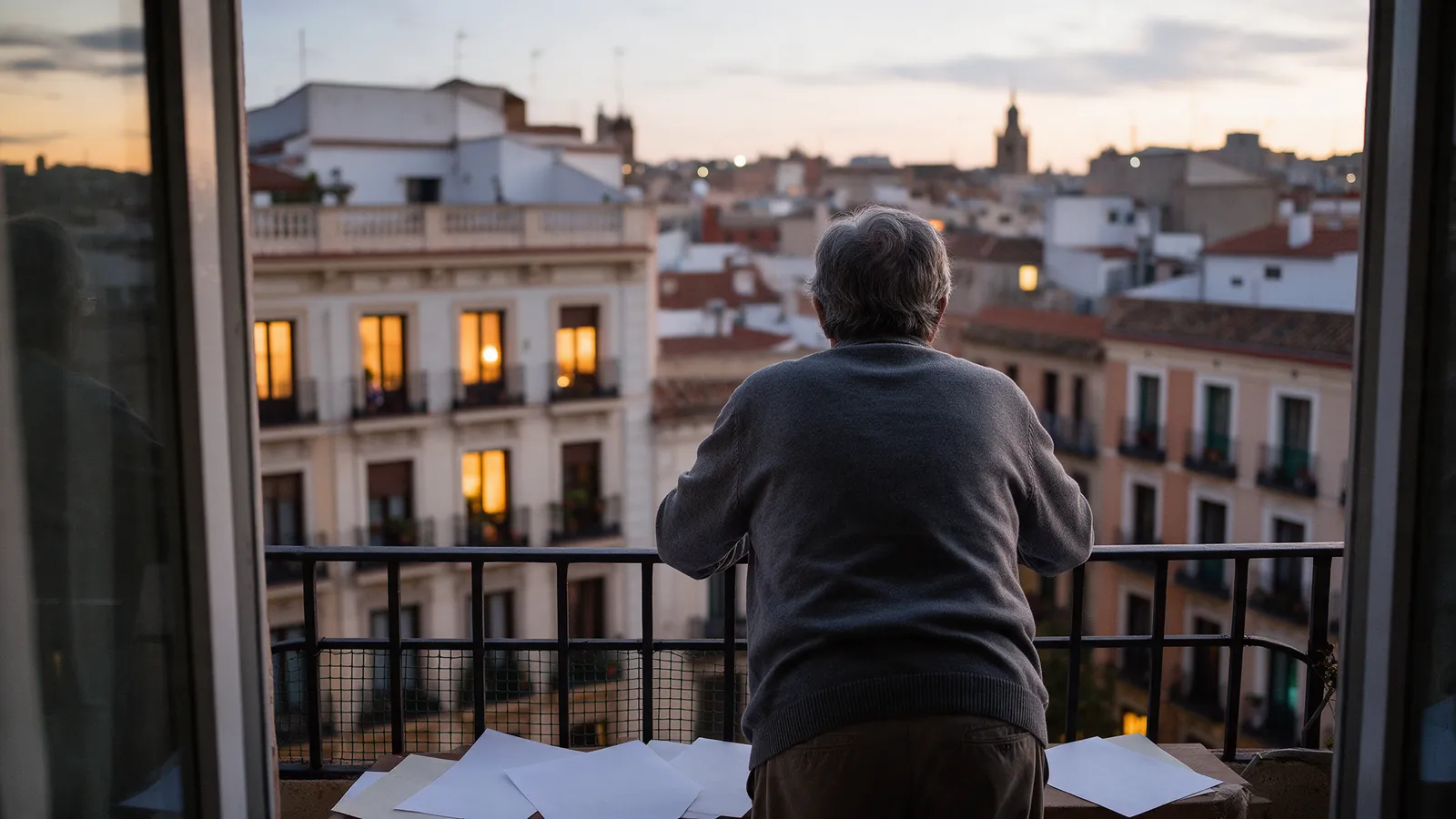 Persona mayor vista de espaldas mirando el atardecer desde un balcón sobre una ciudad española, con papeles en blanco sobre la mesa